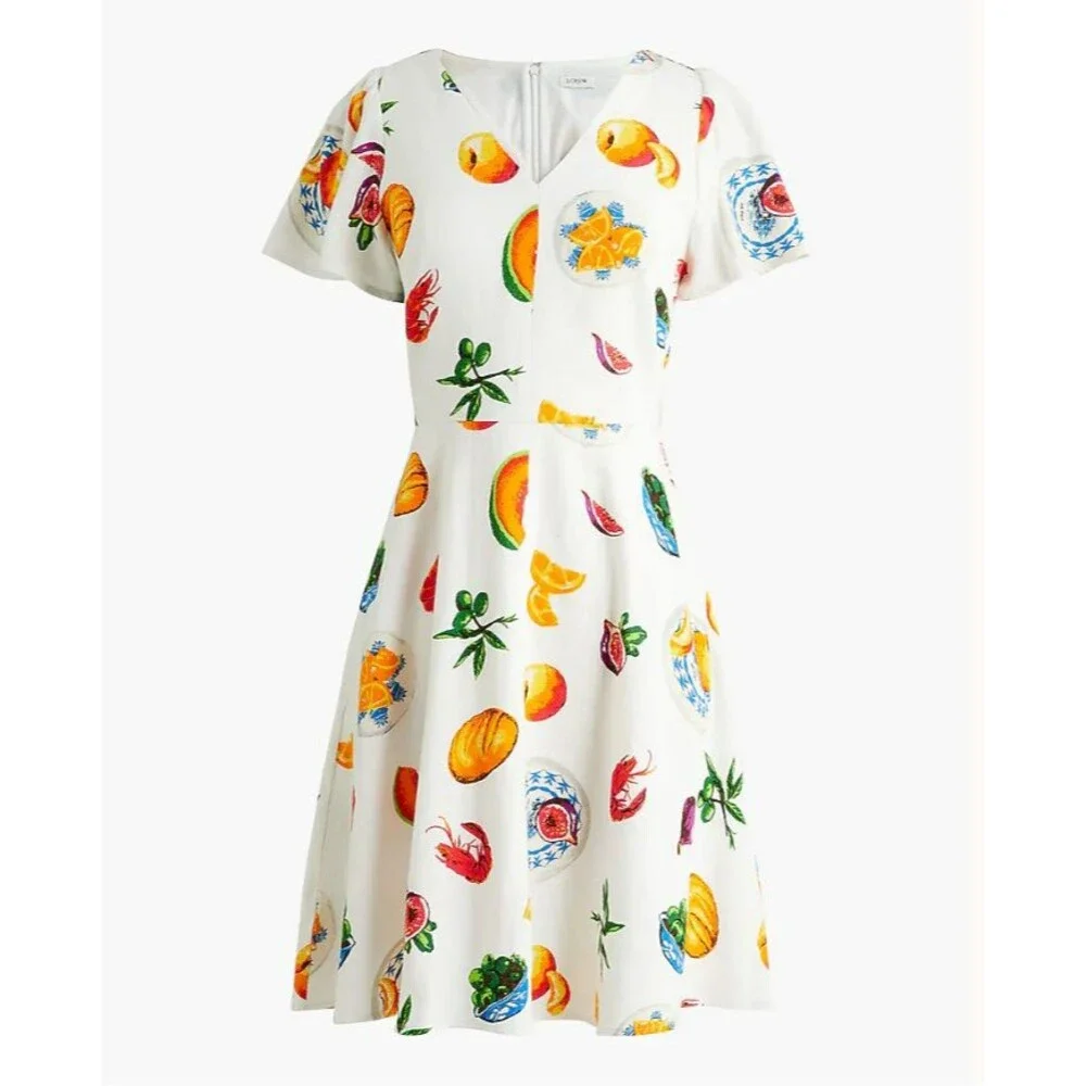 J.Crew Fruit Print Dress Size 6 Linen Blend Quirky Fit Flare Resort Teacher Twee